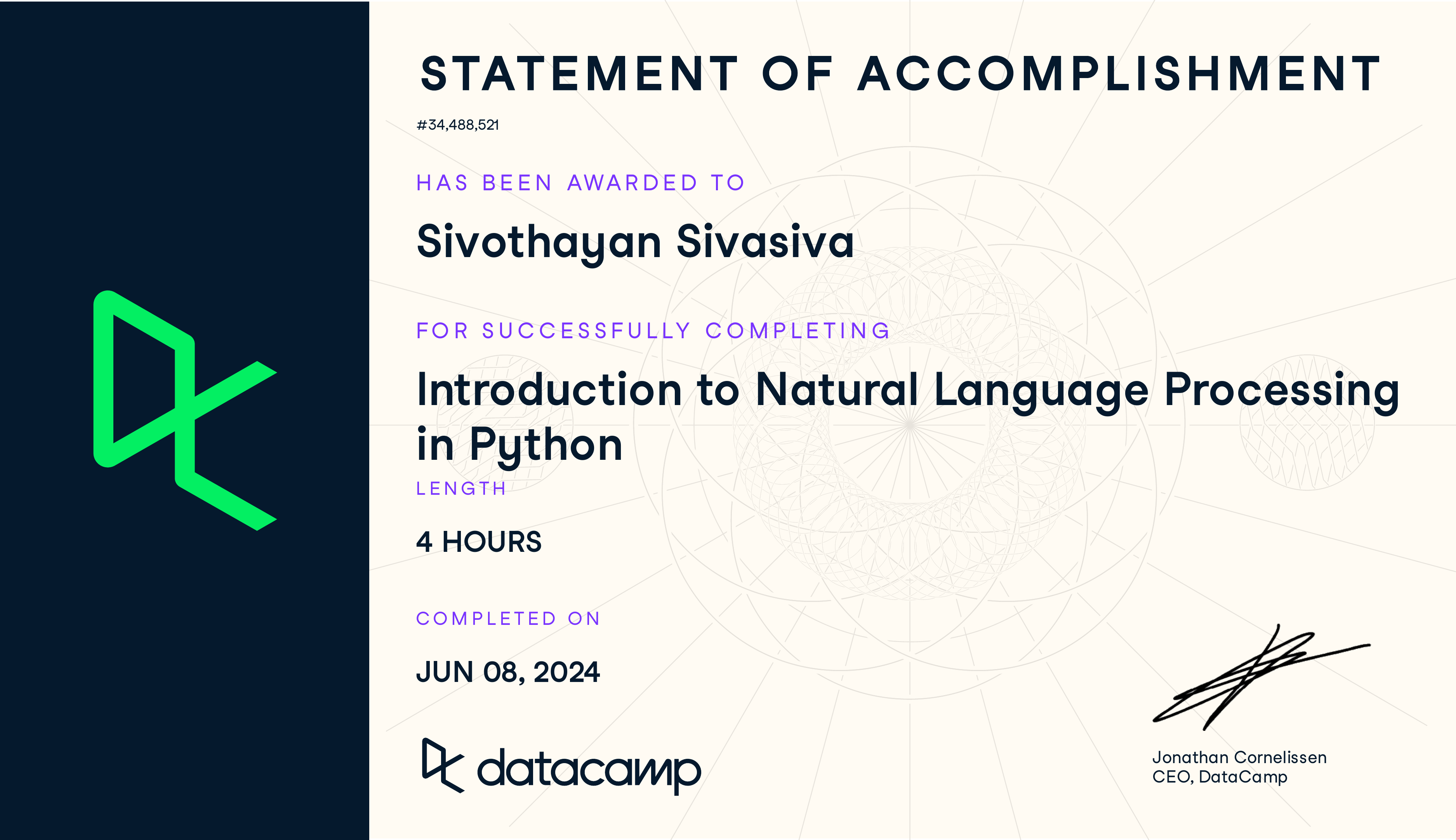 Preview of Introduction to Natural Language Processing in Python certificate