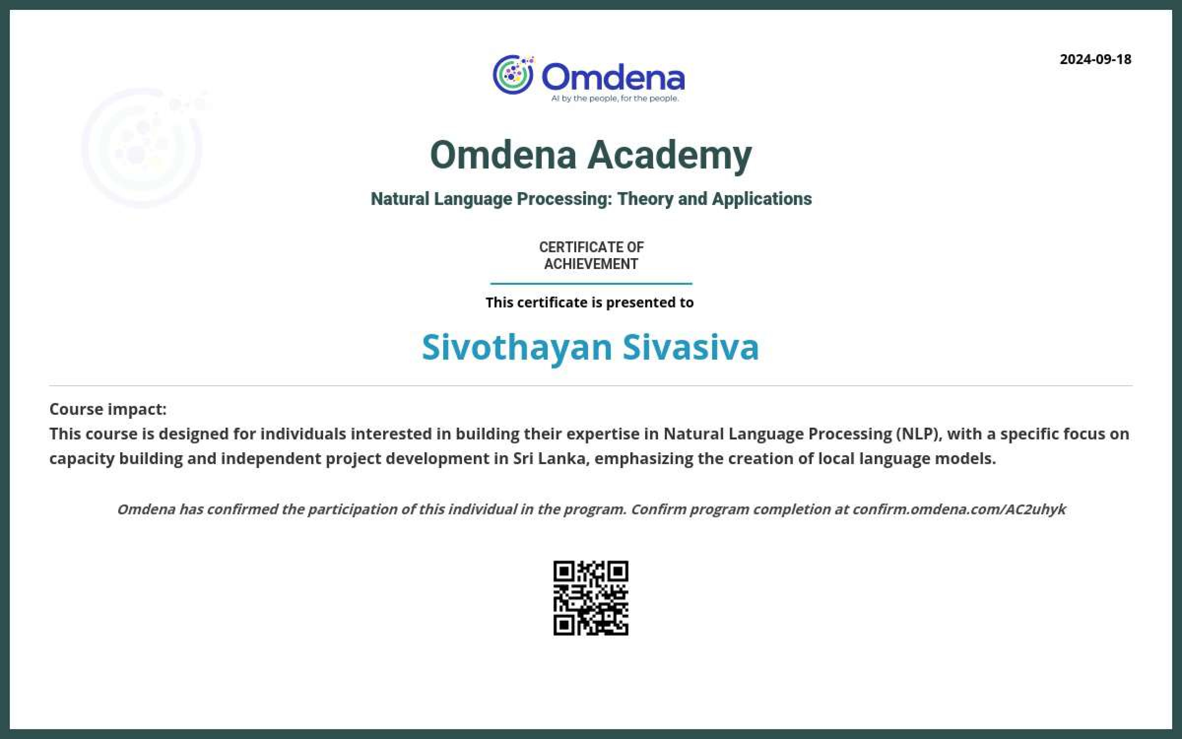 Preview of Natural Language Processing: Theory and Applications certificate